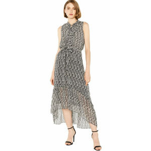 Misa Audra Printed Black Midi Dress with Ruffle Detail and Asymmetricl Hem